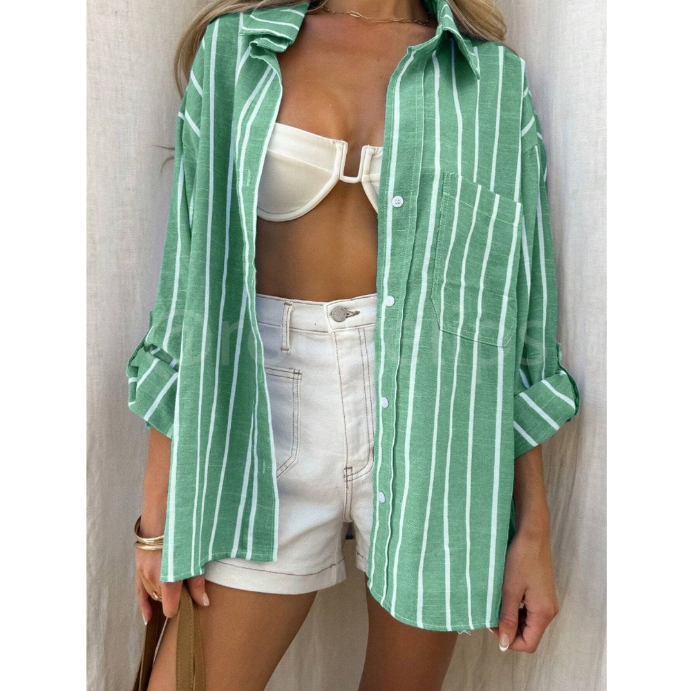 Green Striped Button Down Long Sleeve Shirt - Picture 2 of 5